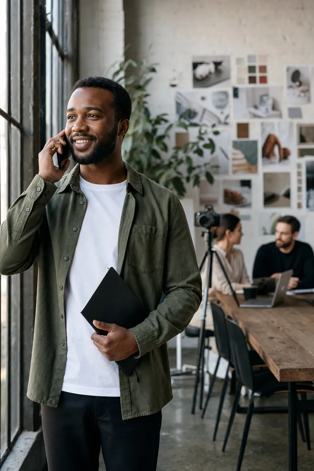 An agency account lead on a phone call beside the tall windows of a bright studio