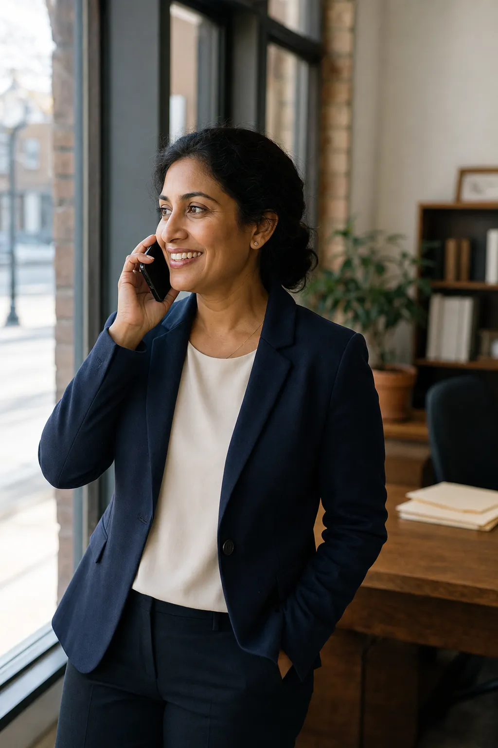 An insurance agent on a phone call beside her office window