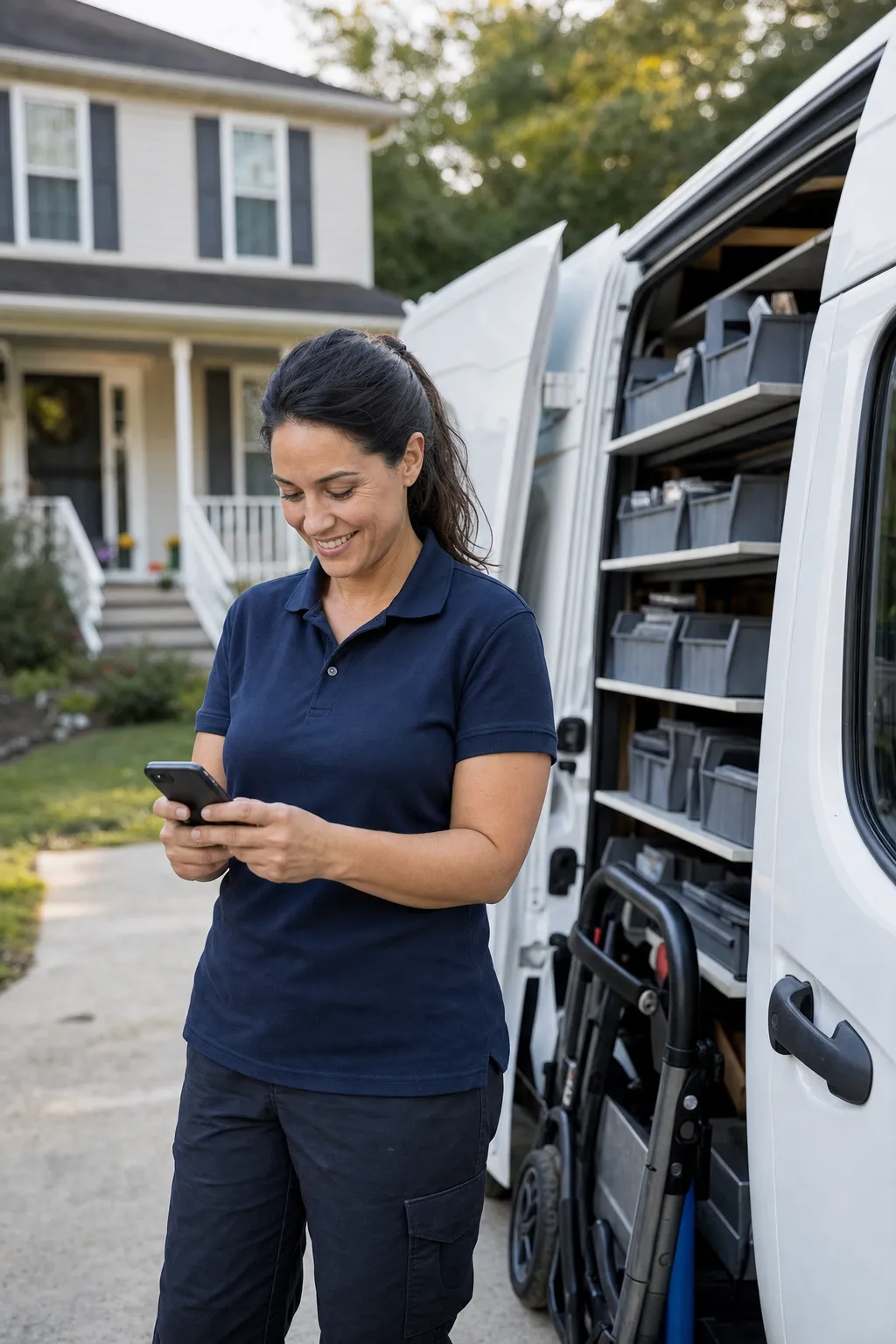 An appliance repair owner checking jobs on a phone beside the service van