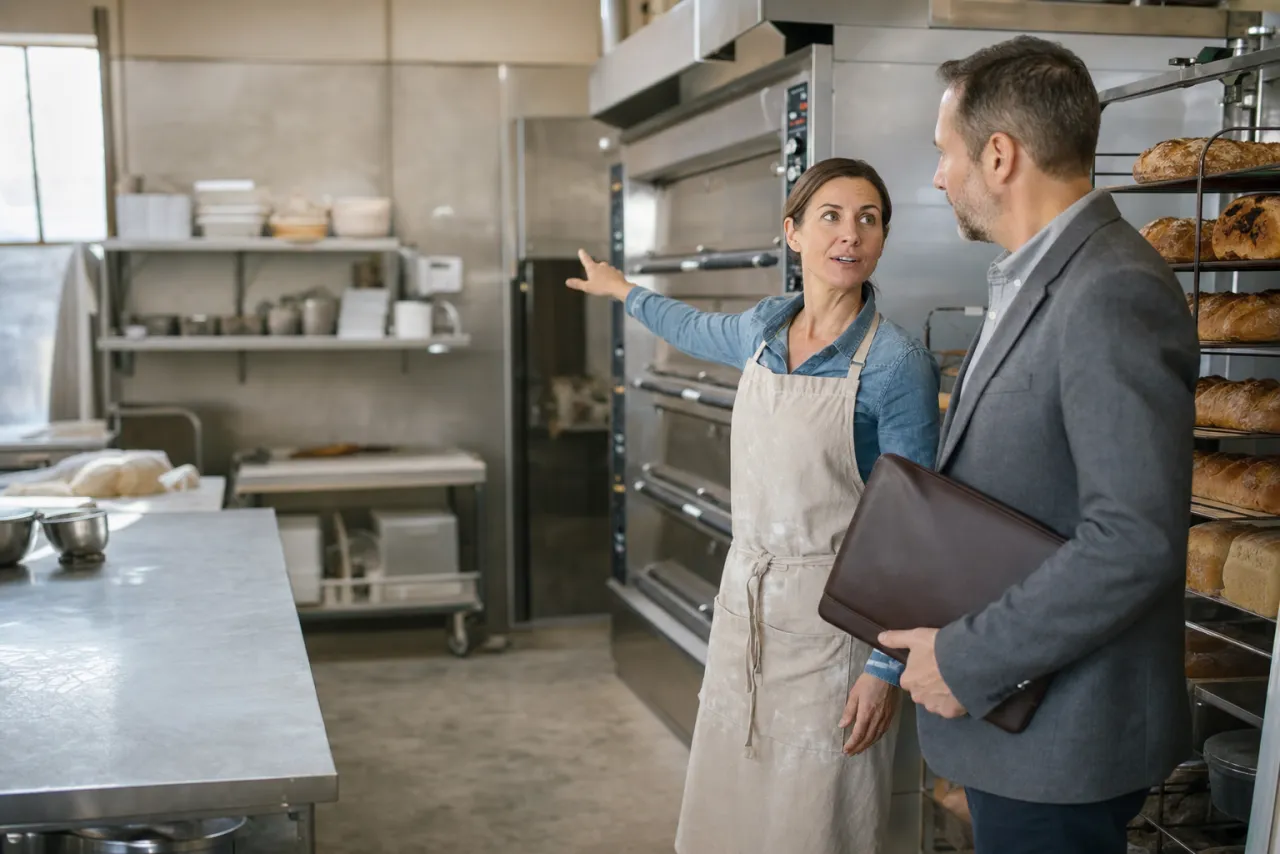 An agency advisor walking through a bakery kitchen with its owner