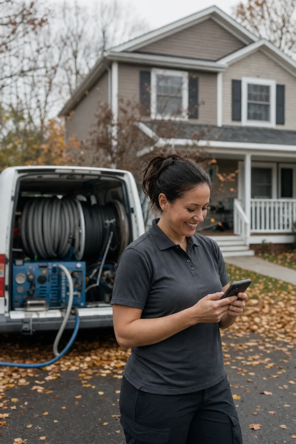 A carpet cleaning owner checking jobs on her phone beside the van