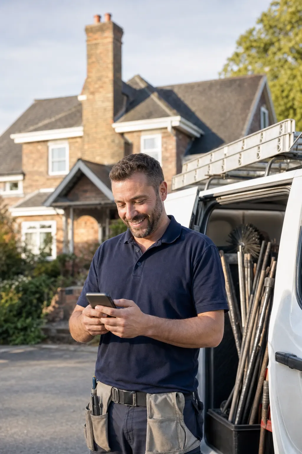 A chimney sweep checking jobs on a phone beside the van