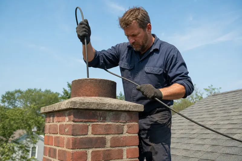 A chimney sweep running a brush rod into a brick chimney on a roof