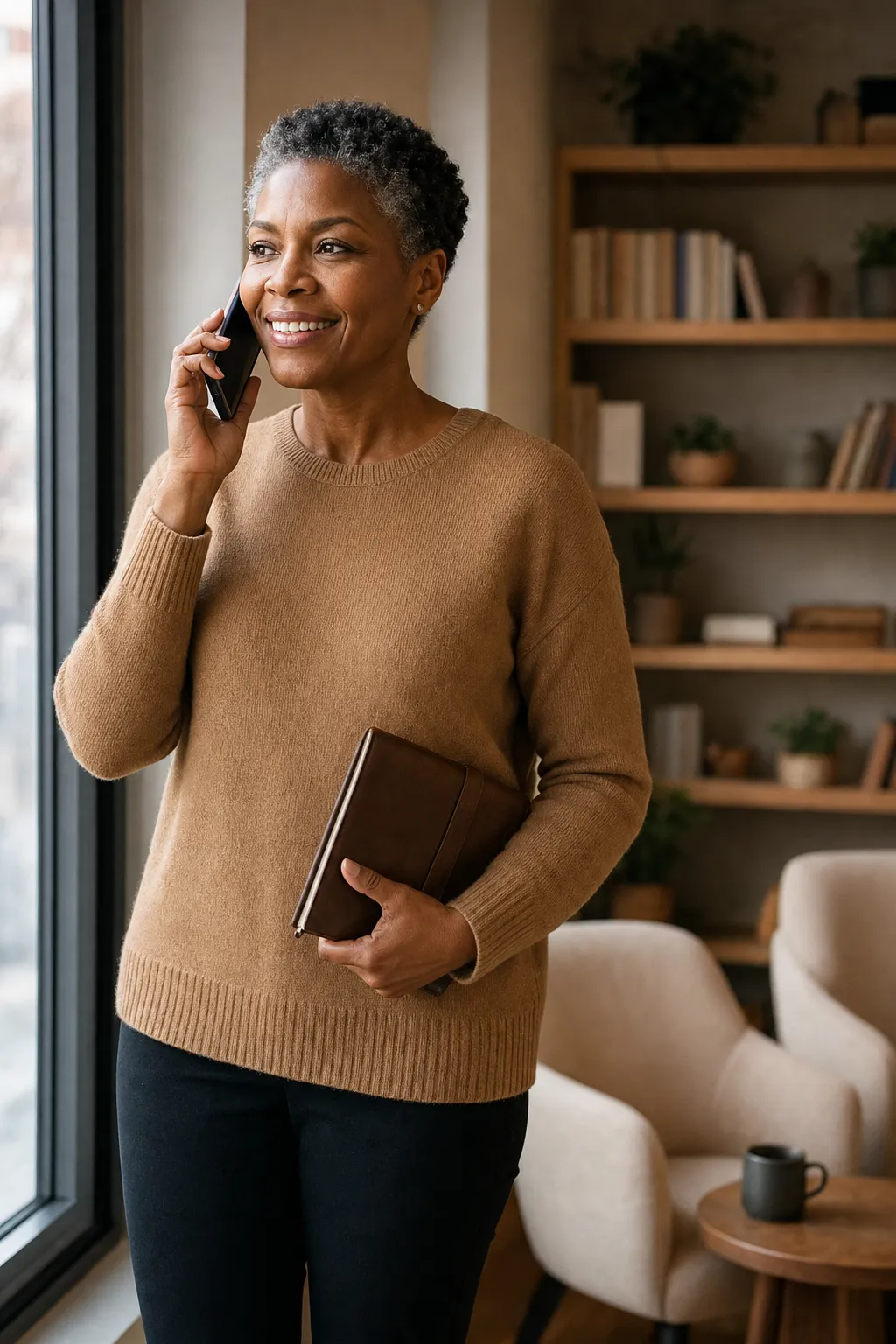 An executive coach on a phone call in her coaching studio