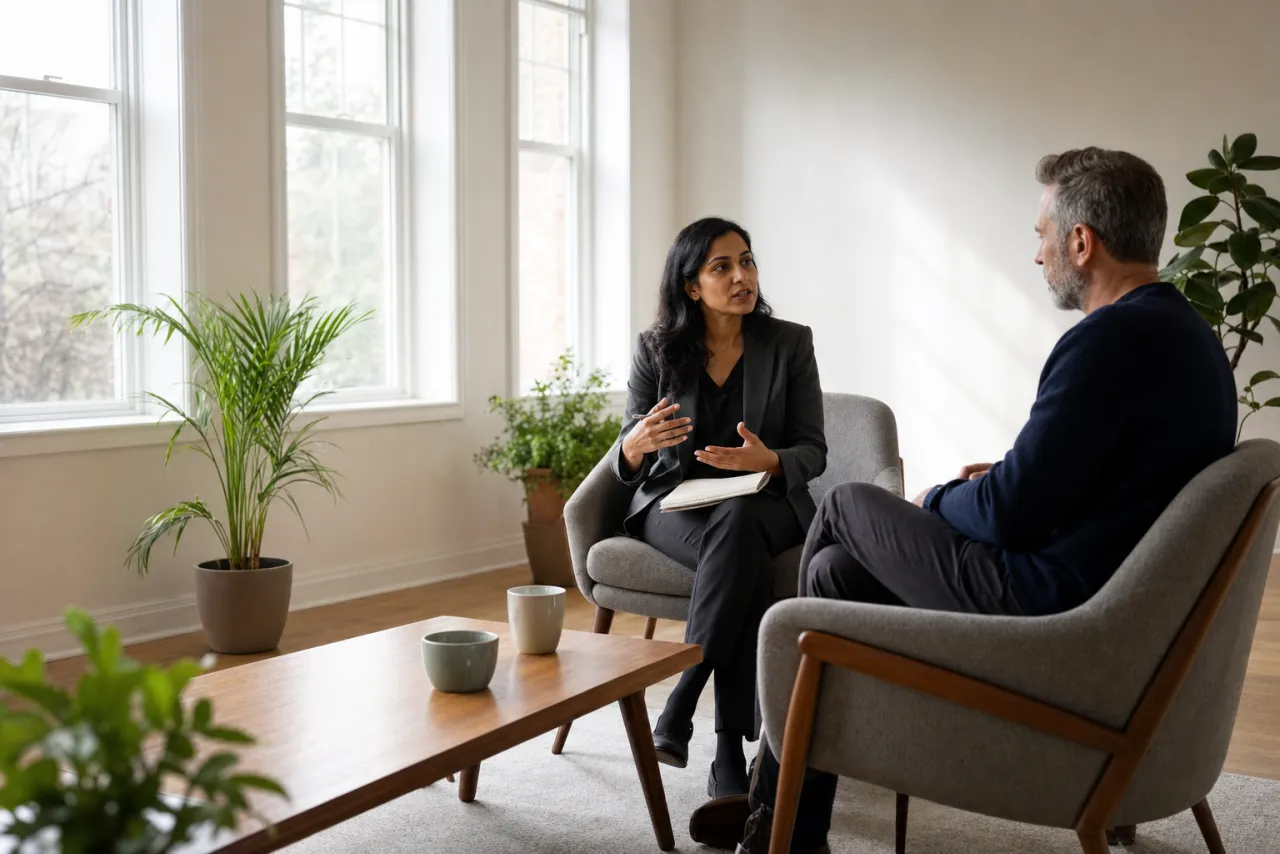 A coach and a client talking in armchairs in a bright studio