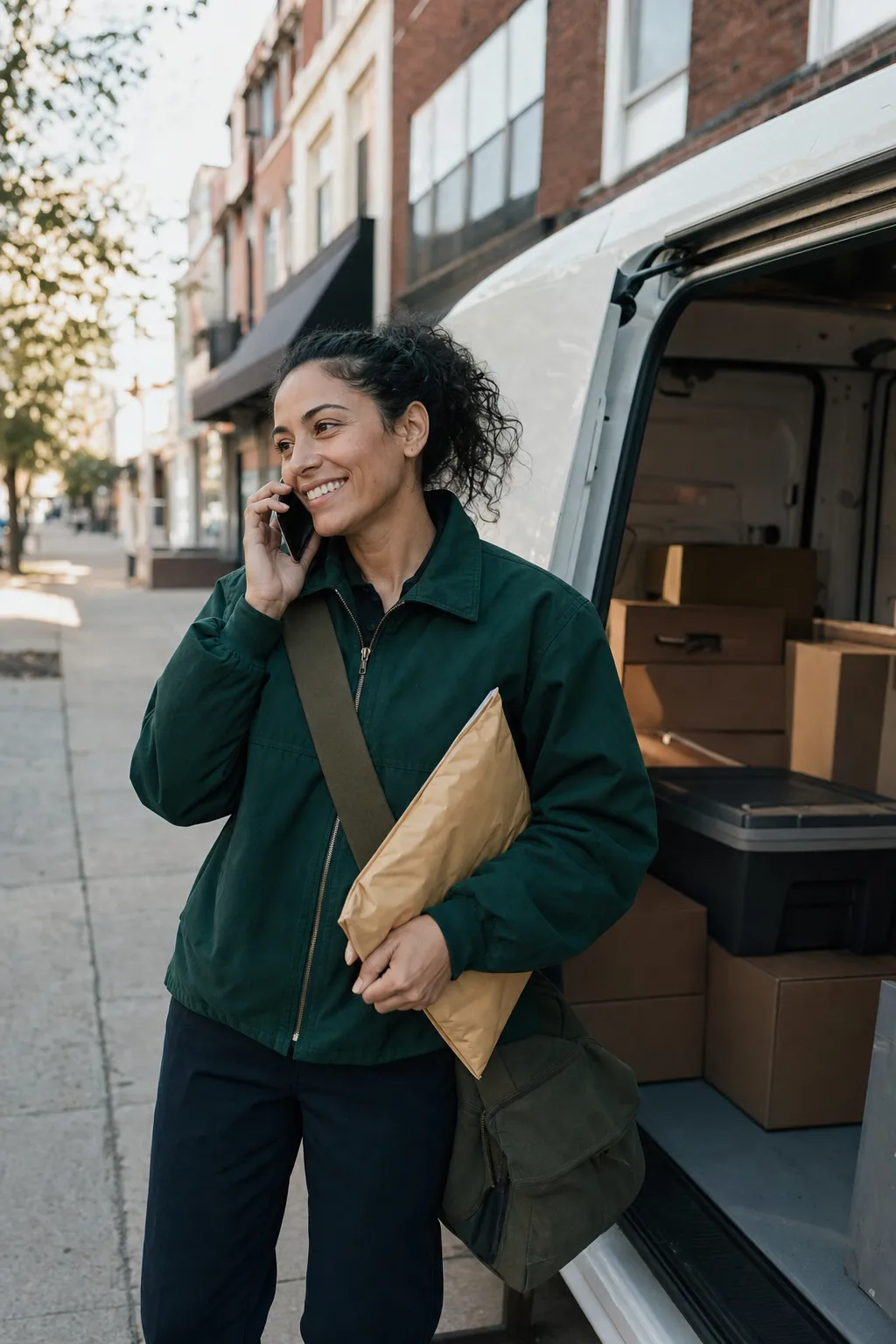 A delivery driver on a phone call beside her open cargo van