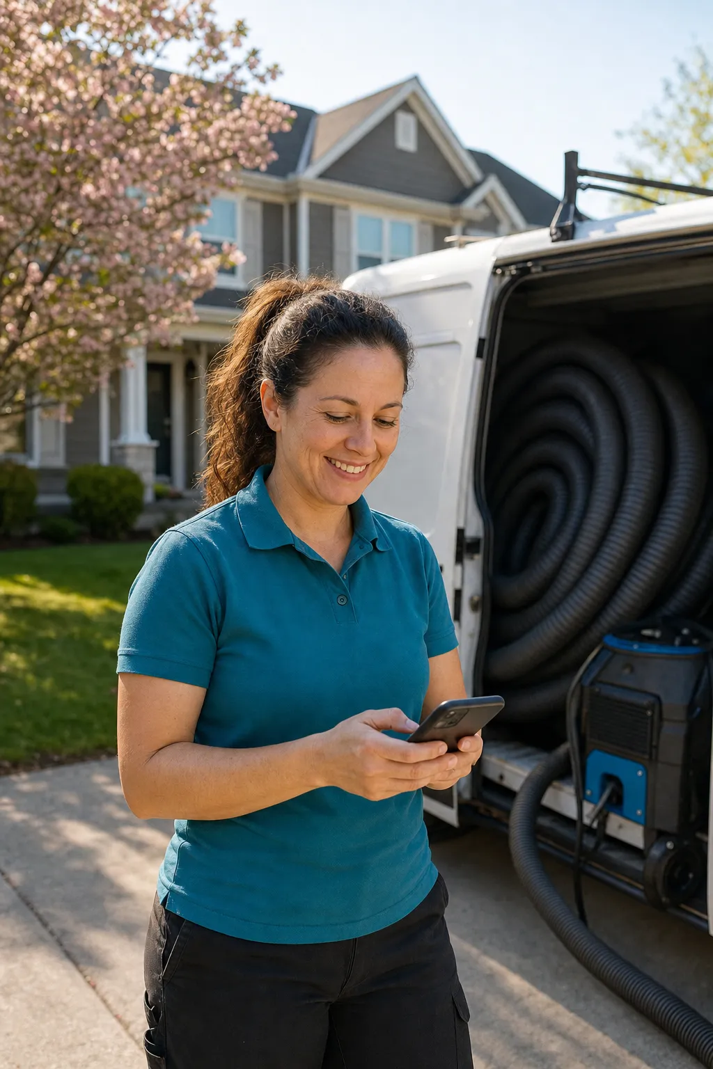 An air duct cleaning owner checking jobs on her phone beside the van