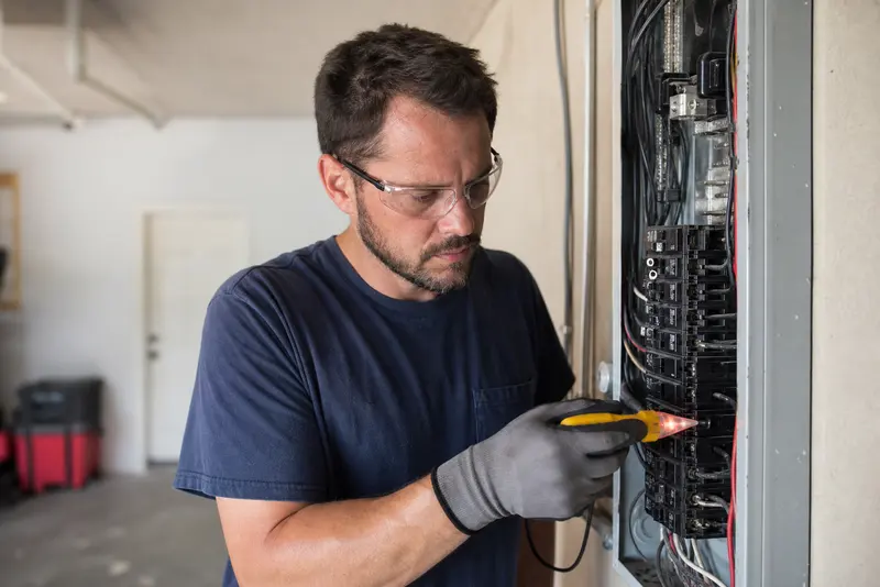 An electrician testing breakers in an open electrical panel