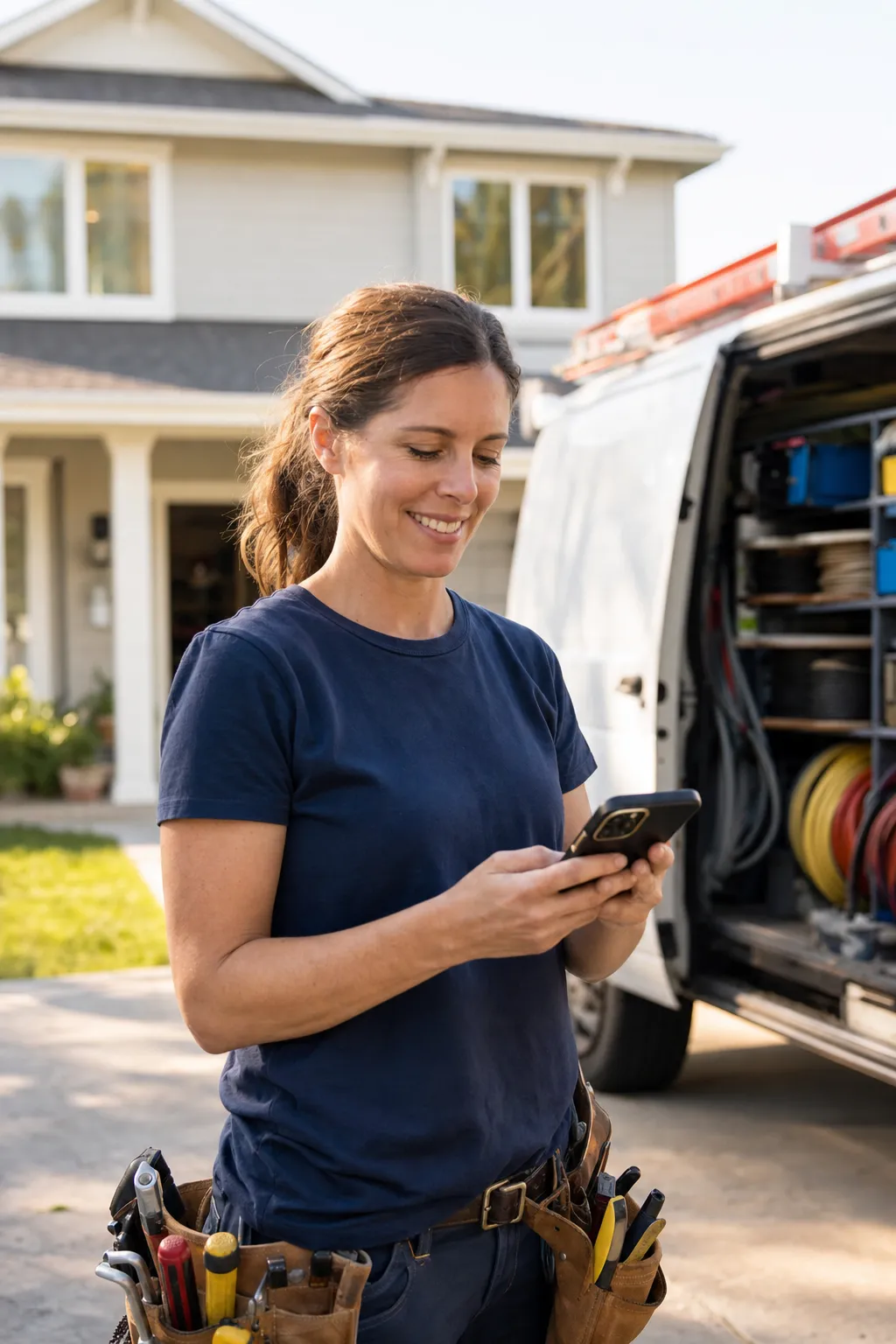 An electrical contractor checking the day's jobs on a phone beside the service van, a suburban house behind