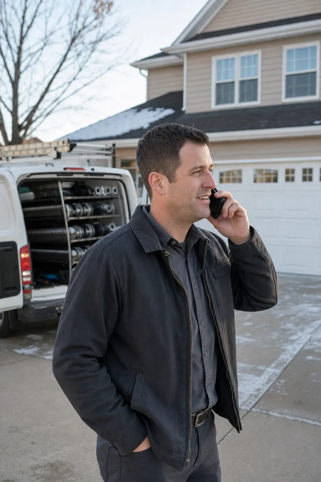 A garage door technician on a call in a driveway