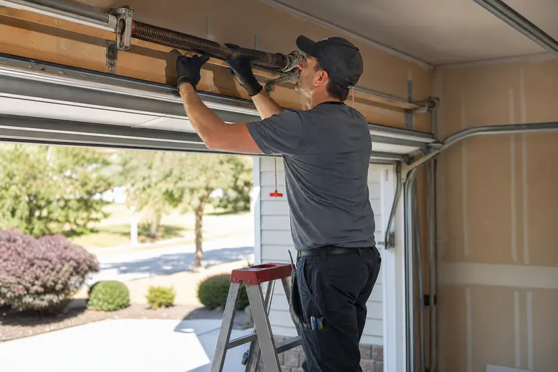 A garage door technician adjusting the spring above an open garage door