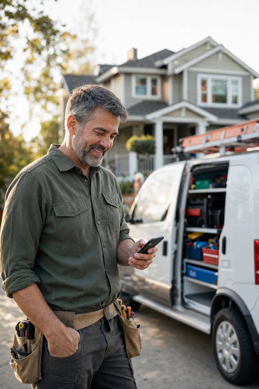 A handyman checking jobs on a phone beside his van