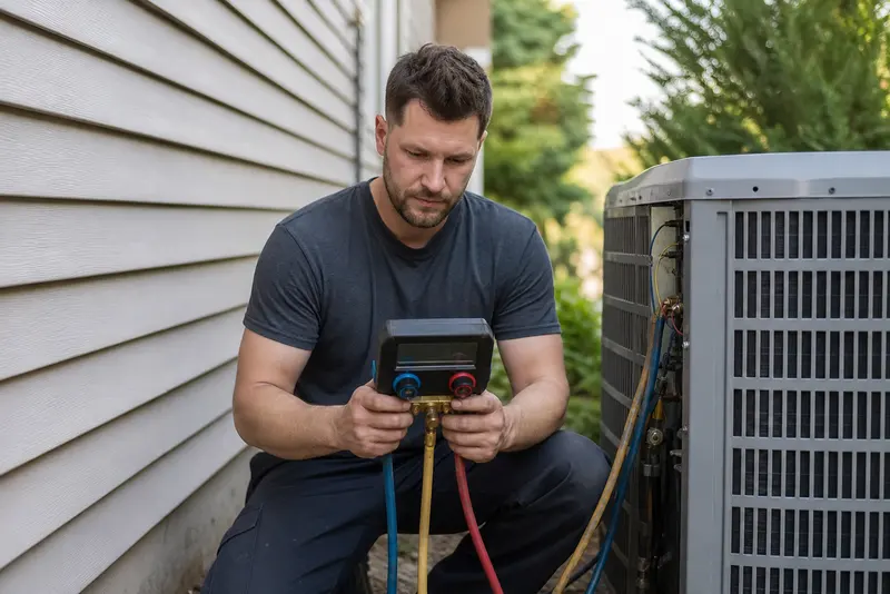 An HVAC technician reading refrigerant gauges at an outdoor condenser