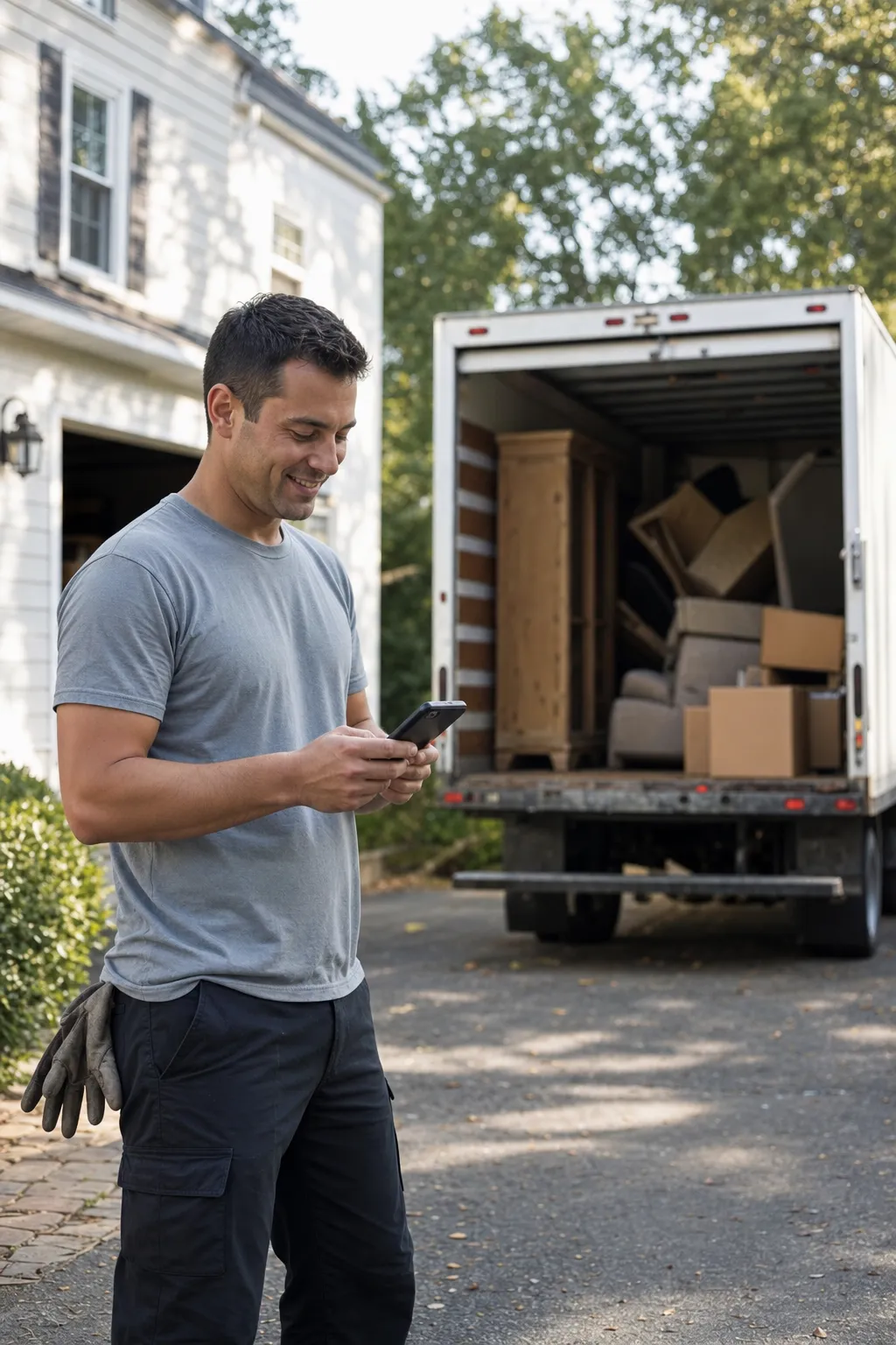 A junk removal crew lead checking pickups on a phone beside the box truck