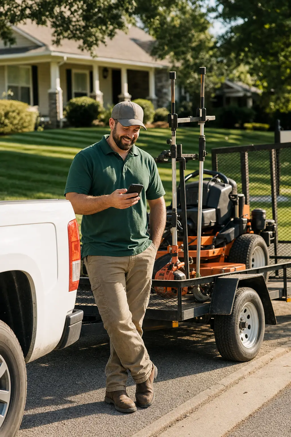A lawn care owner checking routes on a phone beside the mower trailer