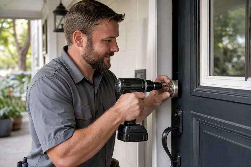 A locksmith installing a new deadbolt on a front door