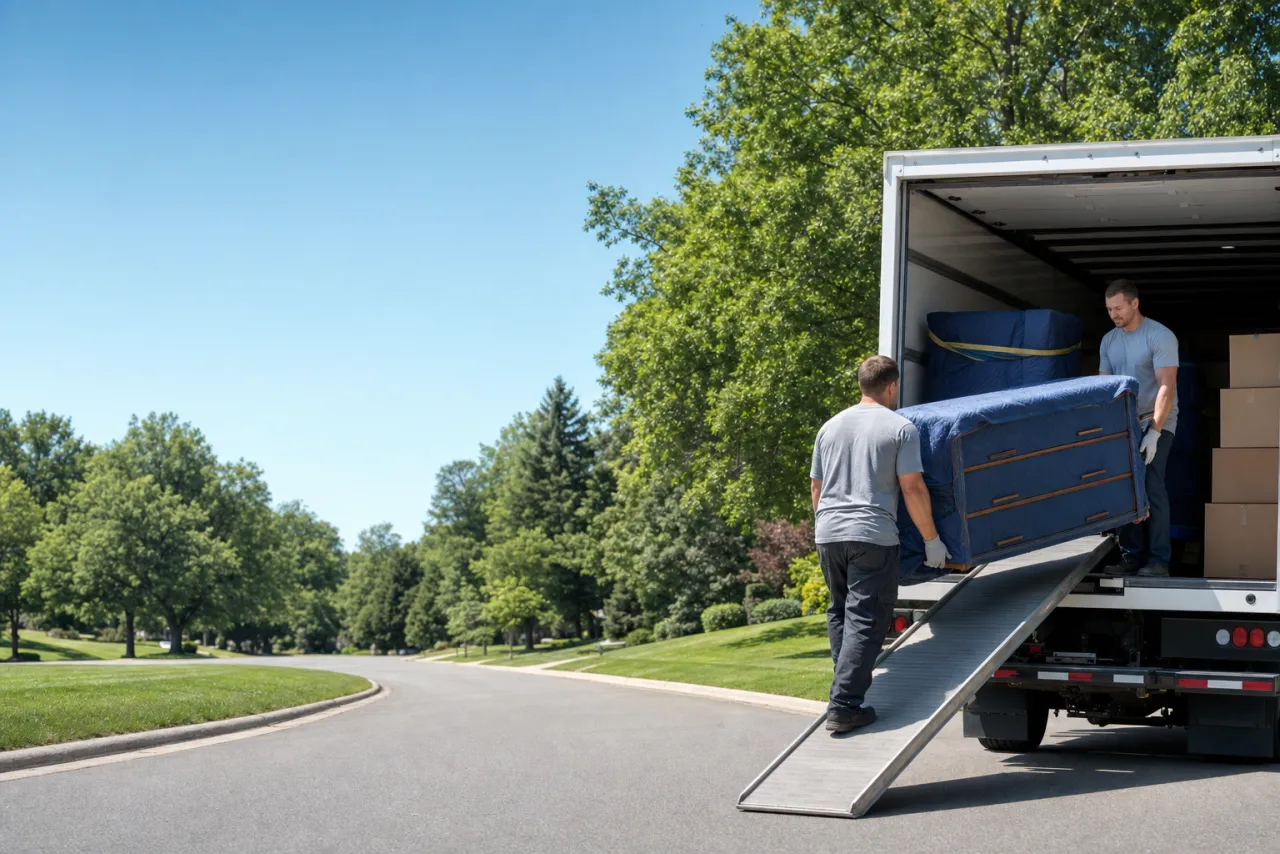 Two movers carrying a blanket-wrapped dresser up a truck ramp