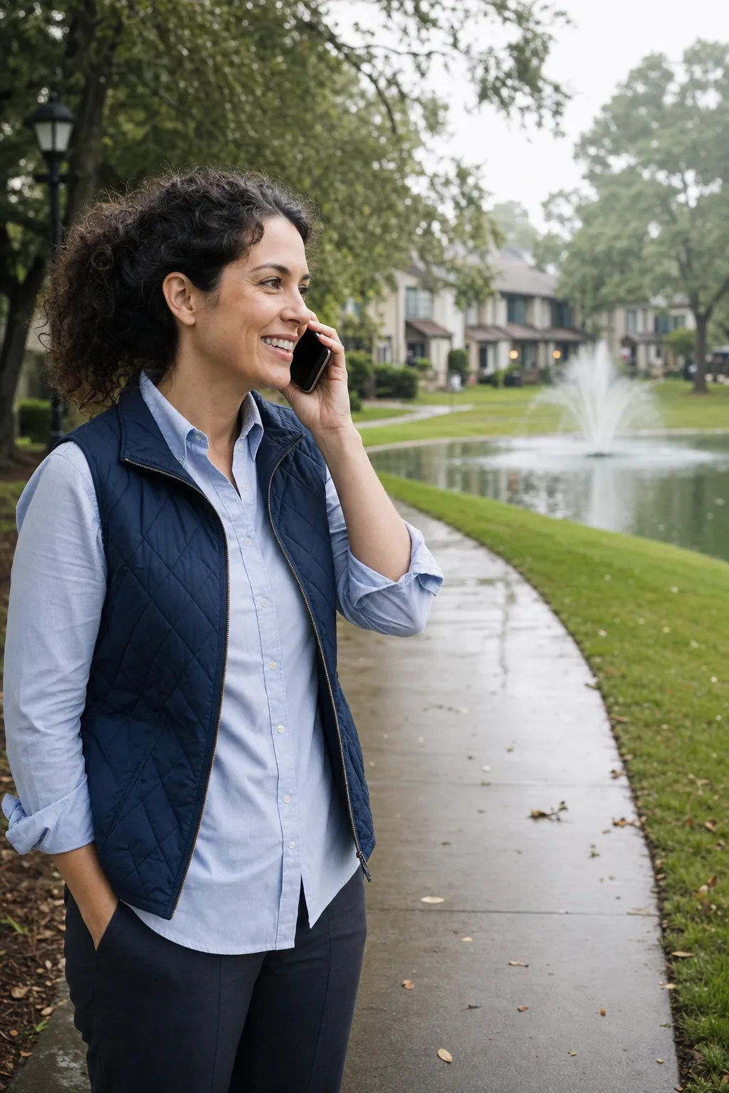 A community association manager smiling on a phone call on a walking path beside a community pond with a fountain