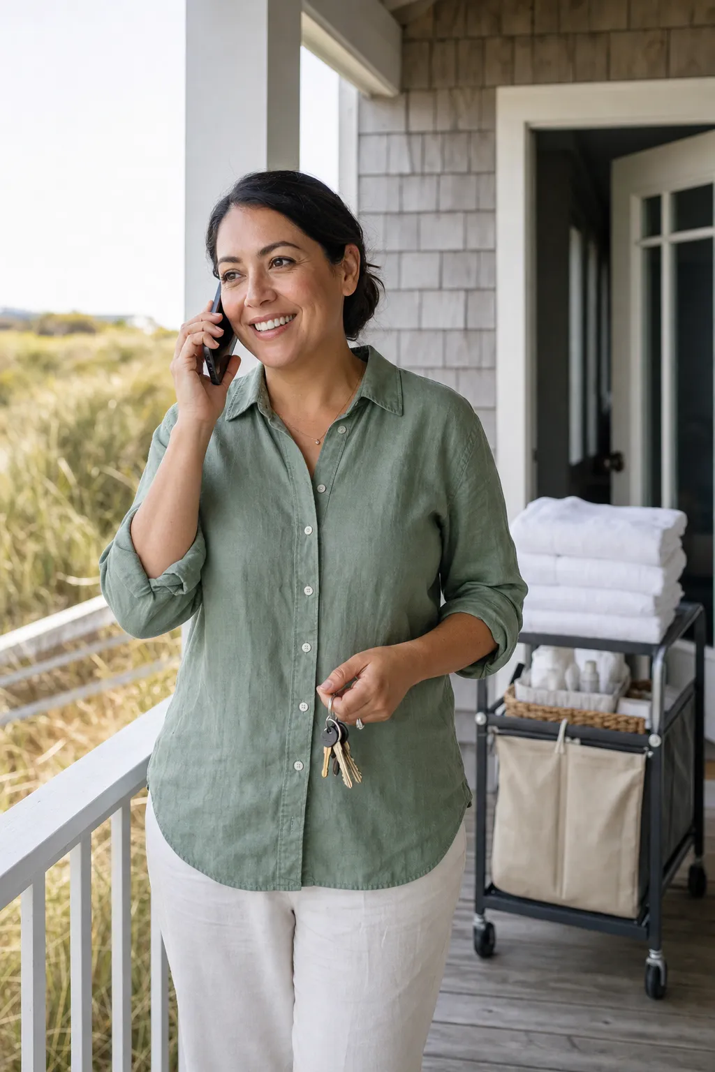 A vacation rental operations manager on a phone call on a beach house porch