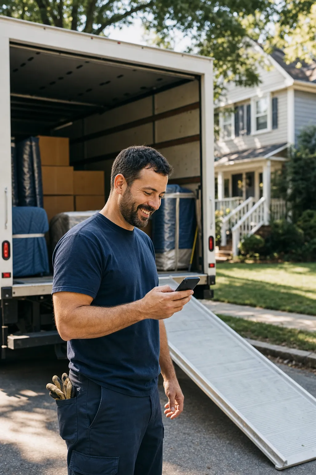 A mover checking jobs on a phone beside an open box truck