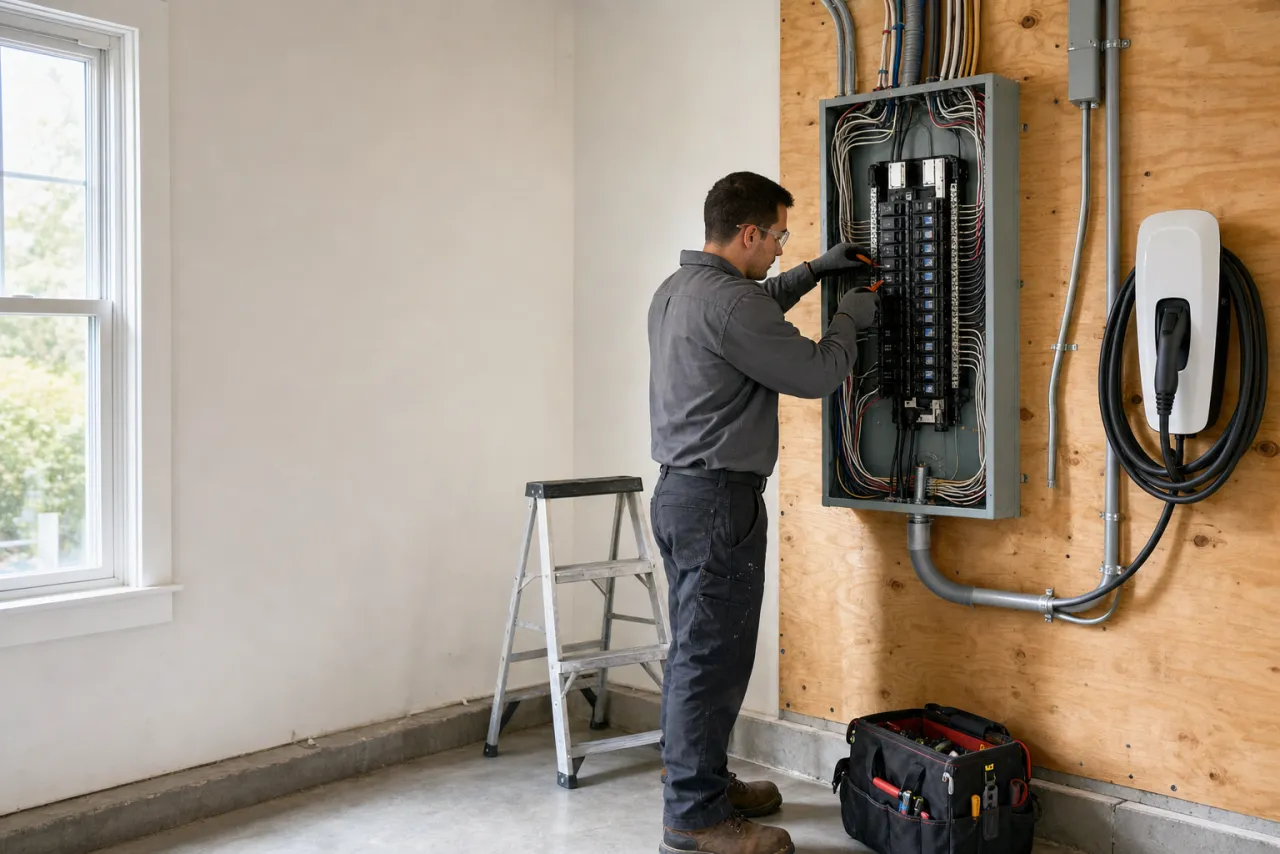 An electrician installing a new breaker panel and an EV charger in a garage