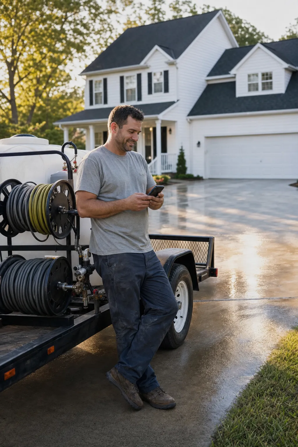 A pressure washing owner checking jobs on a phone beside his wash trailer