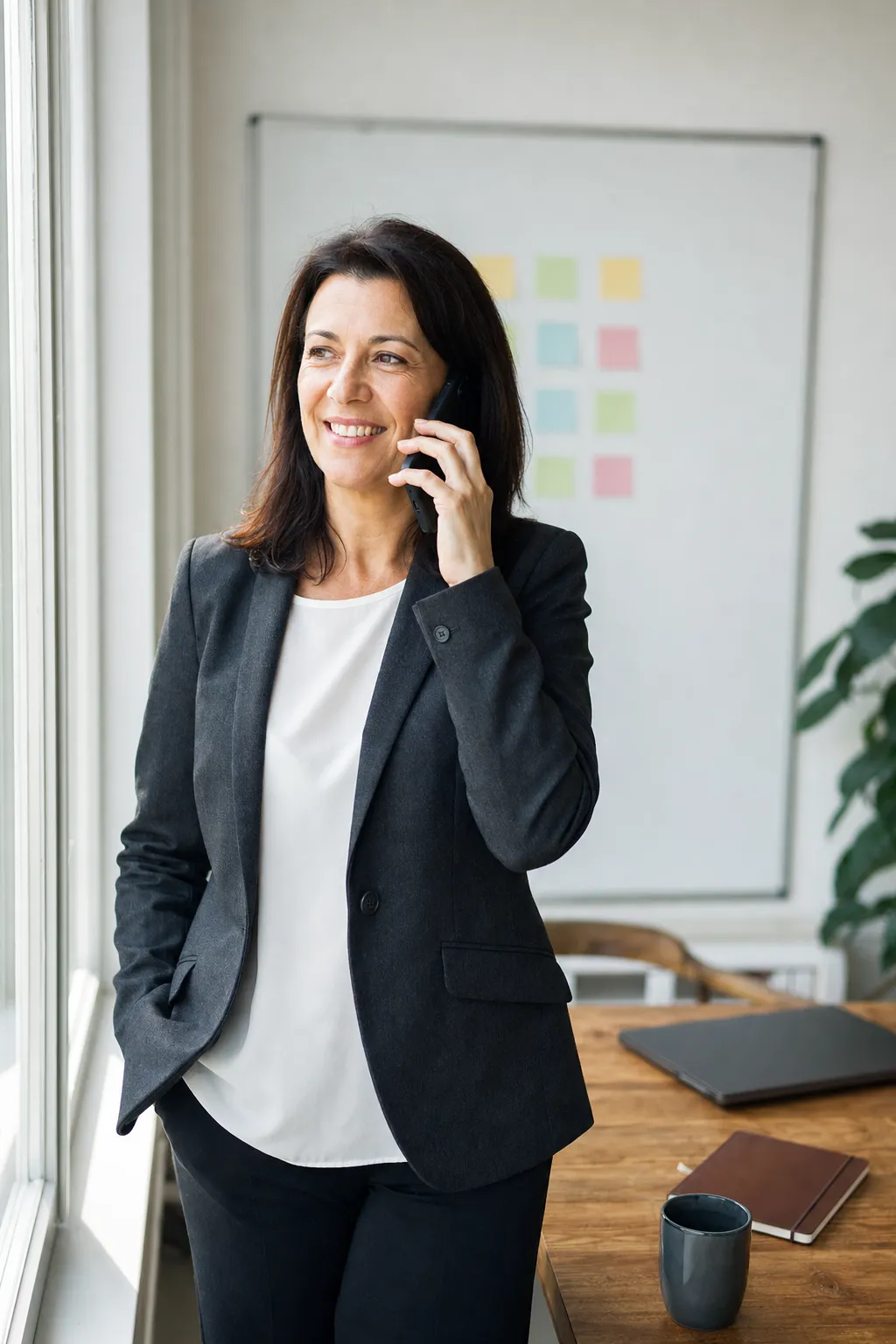 A consulting principal on a phone call beside the window of a bright office with a whiteboard of sticky notes