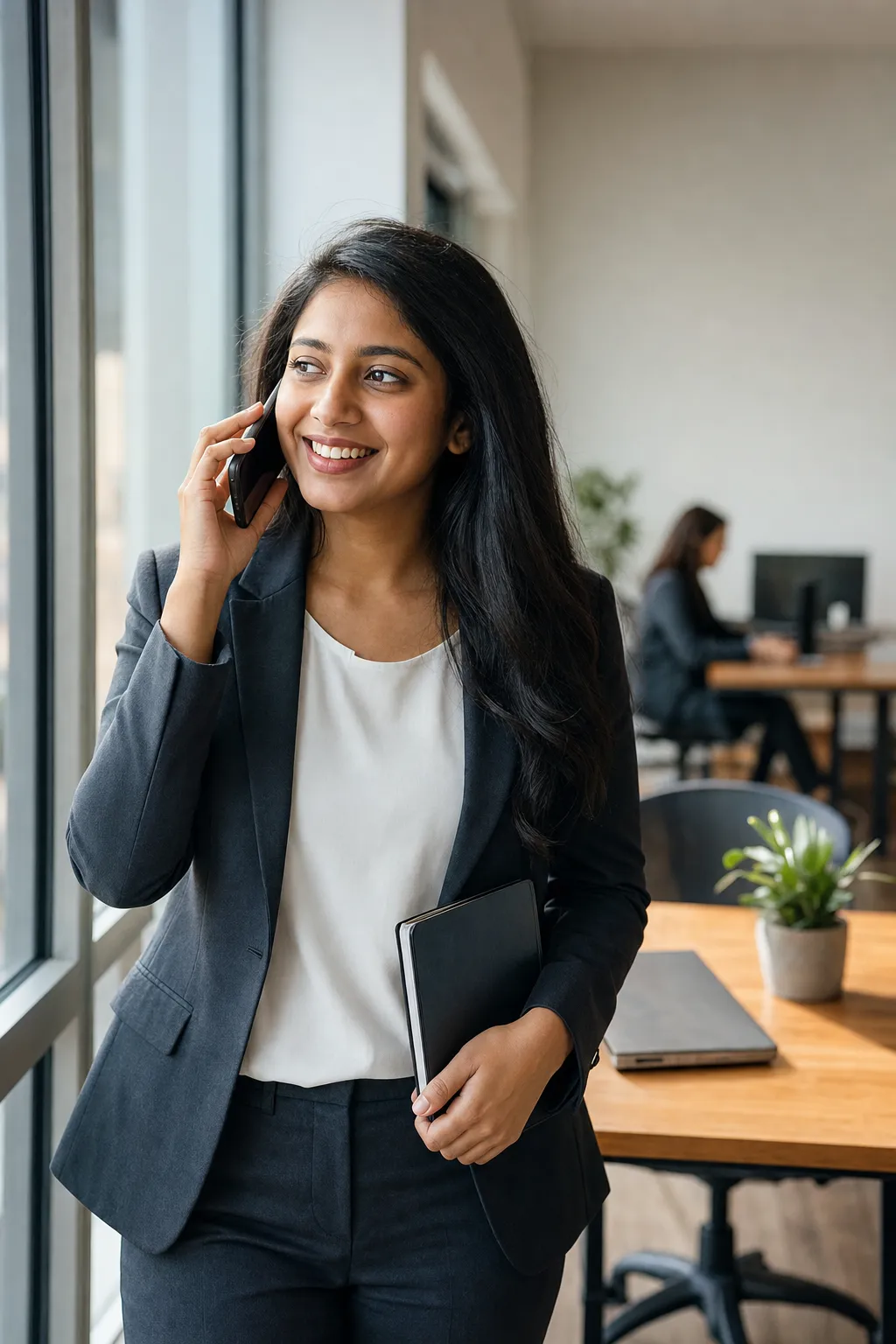 An agency account manager on a phone call by the office window
