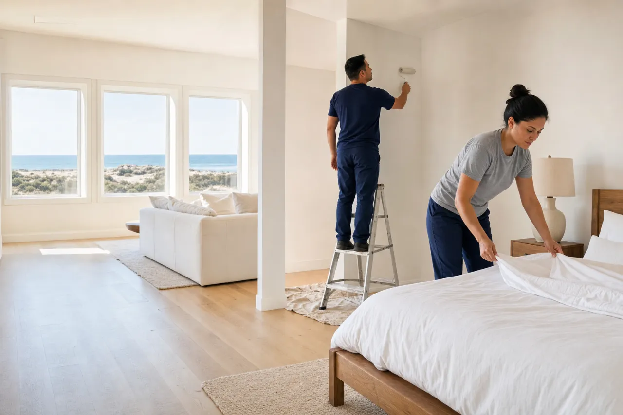 A two-person crew refreshing a bright coastal vacation home between guests