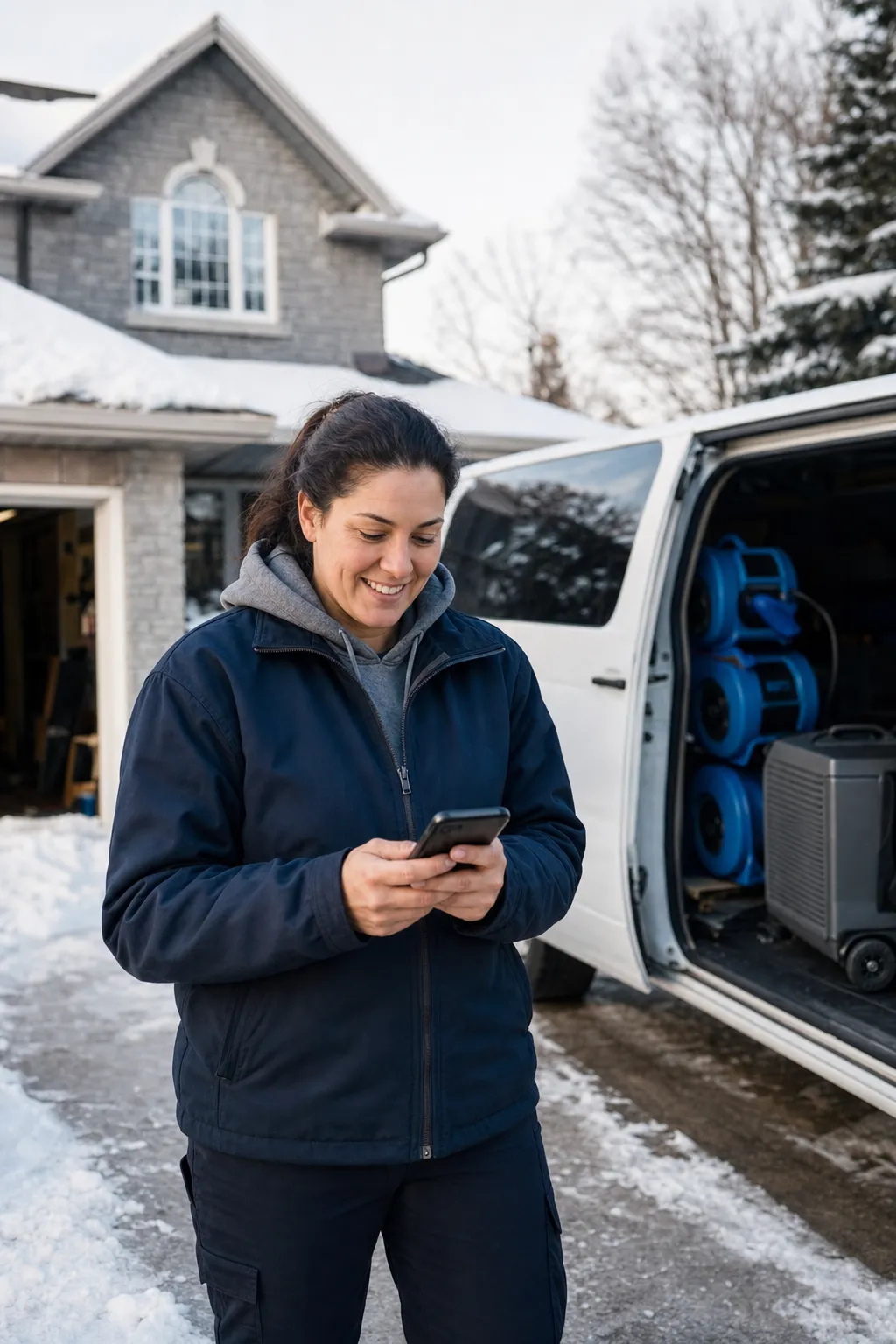 A restoration company owner checking jobs on a phone beside her van