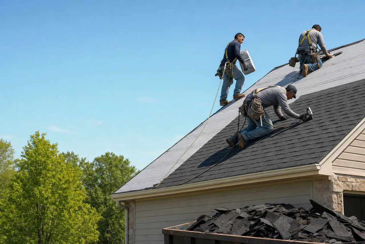 A roofing crew laying new shingles on a house