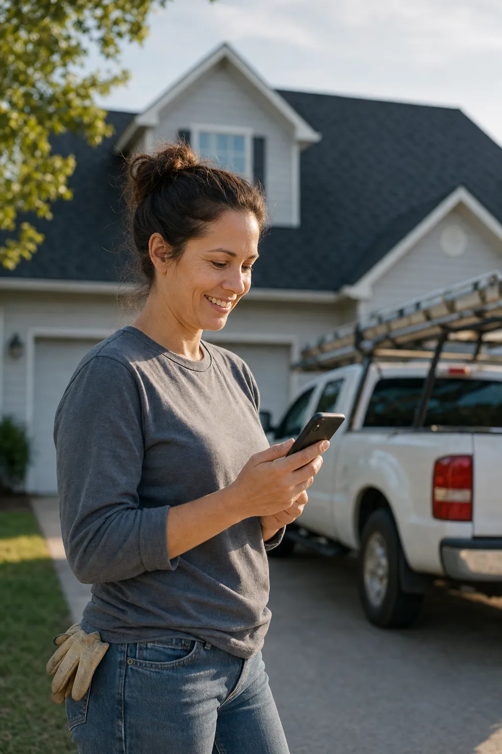 A roofing company owner checking jobs on her phone beside the truck