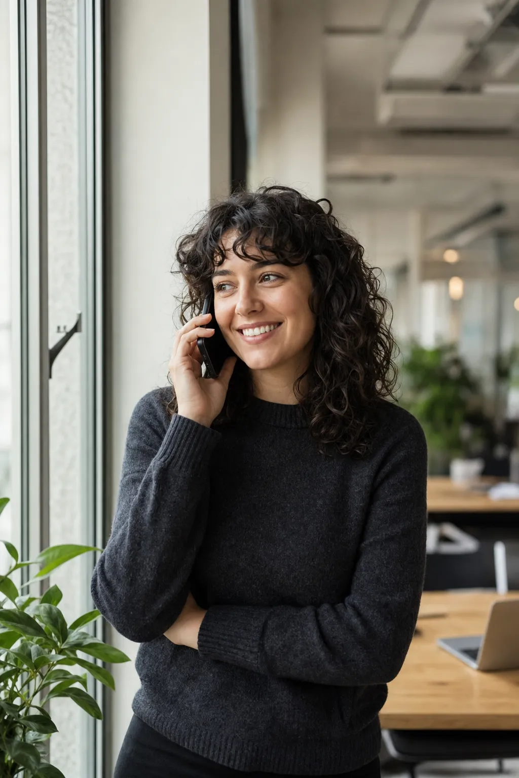 An account executive on a sales call by the office window