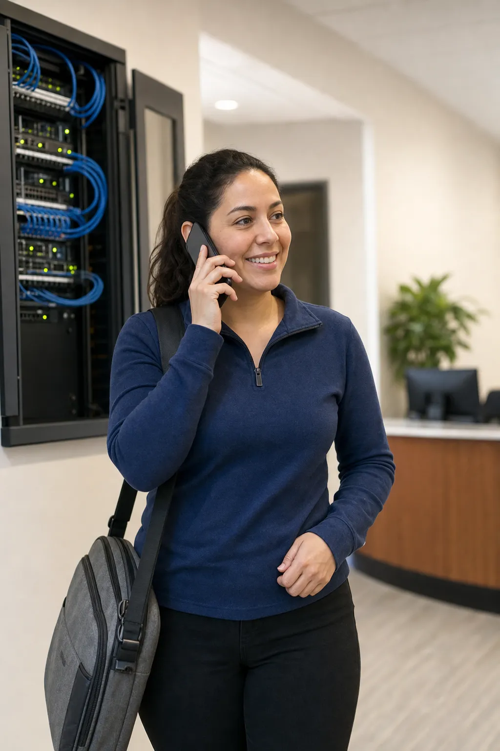 An IT technician on a phone call in the hallway of a client's office, an open network cabinet behind her