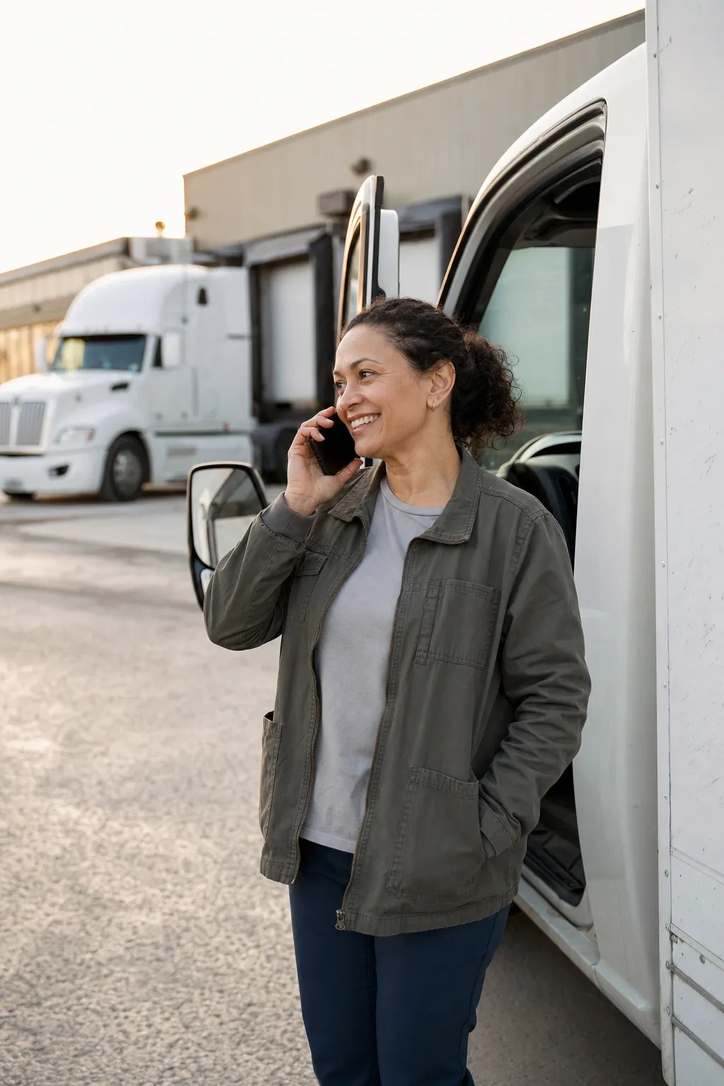 A logistics company owner on a phone call beside the open cab of a box truck in the freight yard, a semi tractor and loading docks behind