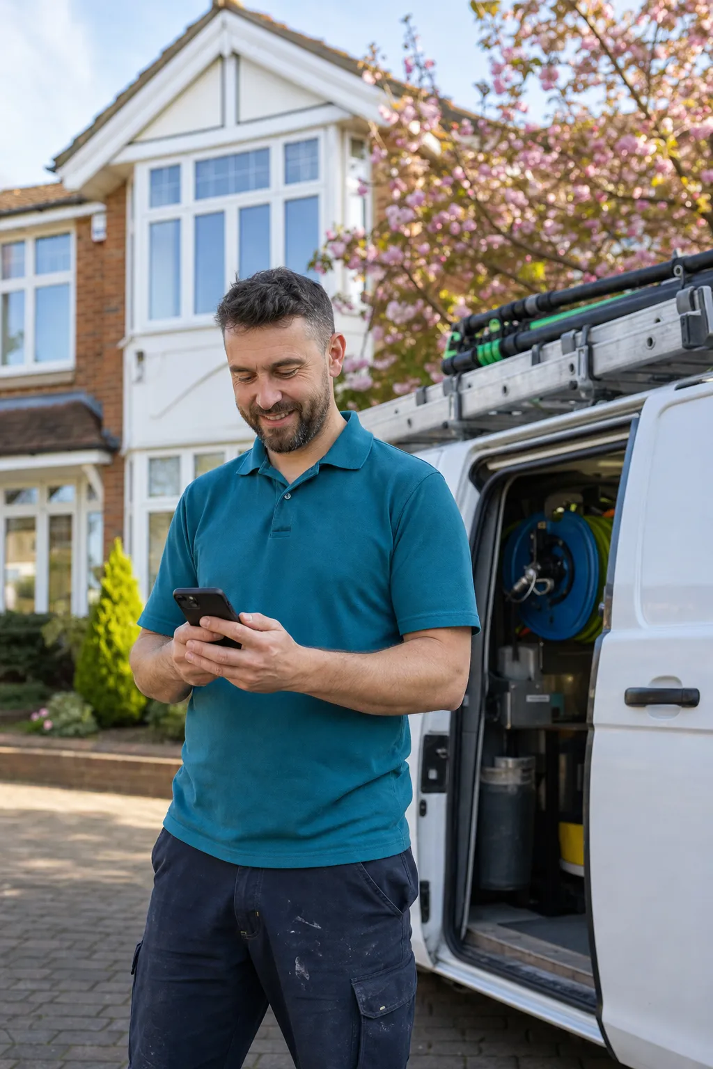 A window cleaning owner checking the route on a phone beside the van
